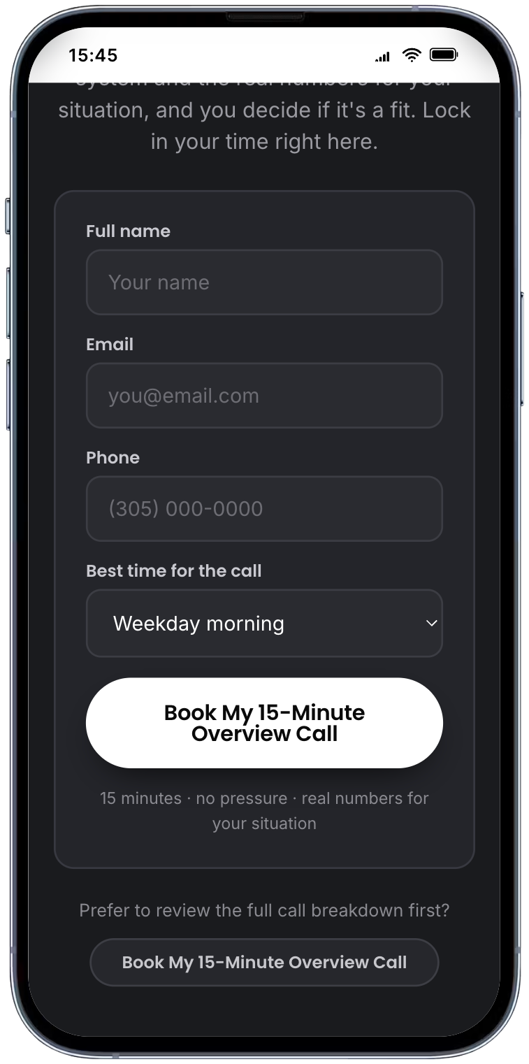 Booking form to schedule a 15-minute overview call